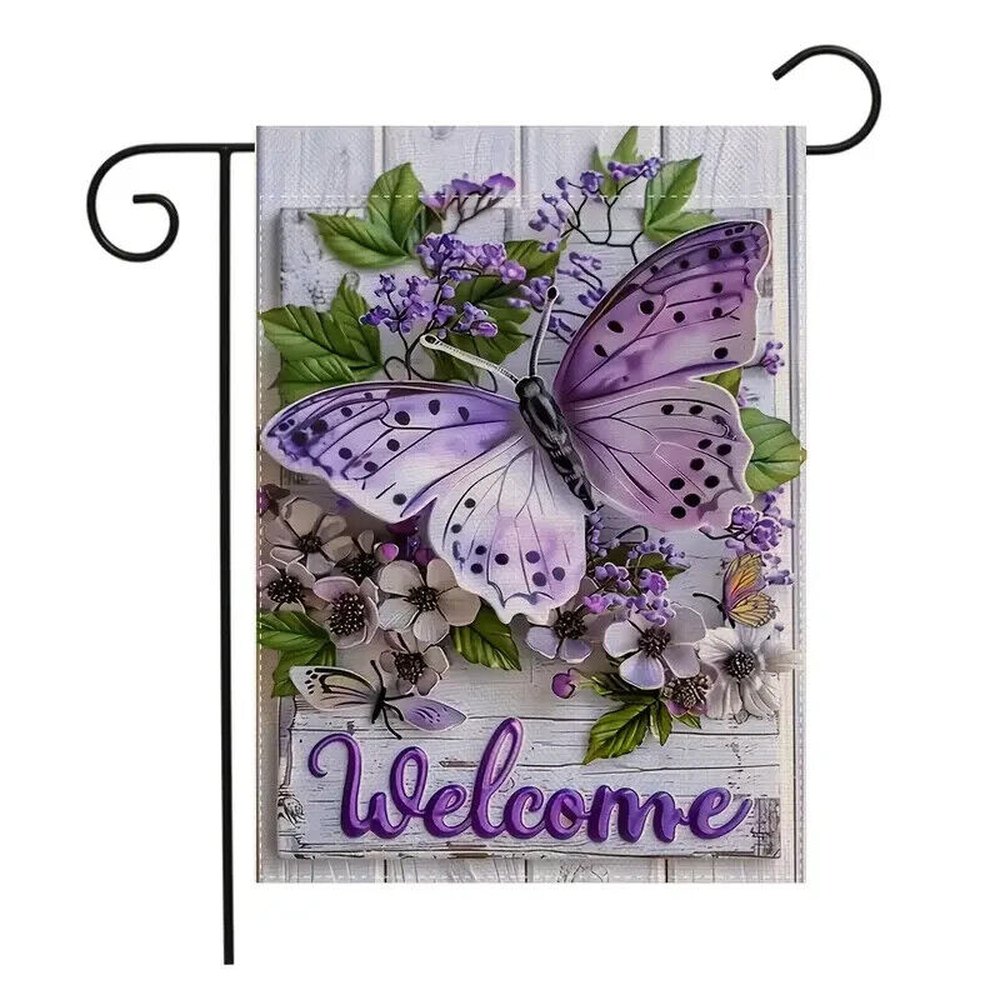 Purple Butterfly Welcome Burlap Garden Flag Double-Sided 12" x 18" NEW! Home & Garden:Yard, Garden & Outdoor Living:Décor:Flags Style Your Walls